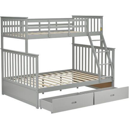 Twin Over Full Bunk Bed with Storage Drawers, Wooden Bunk Bed with Ladder and Safety Guard Rails –Gray